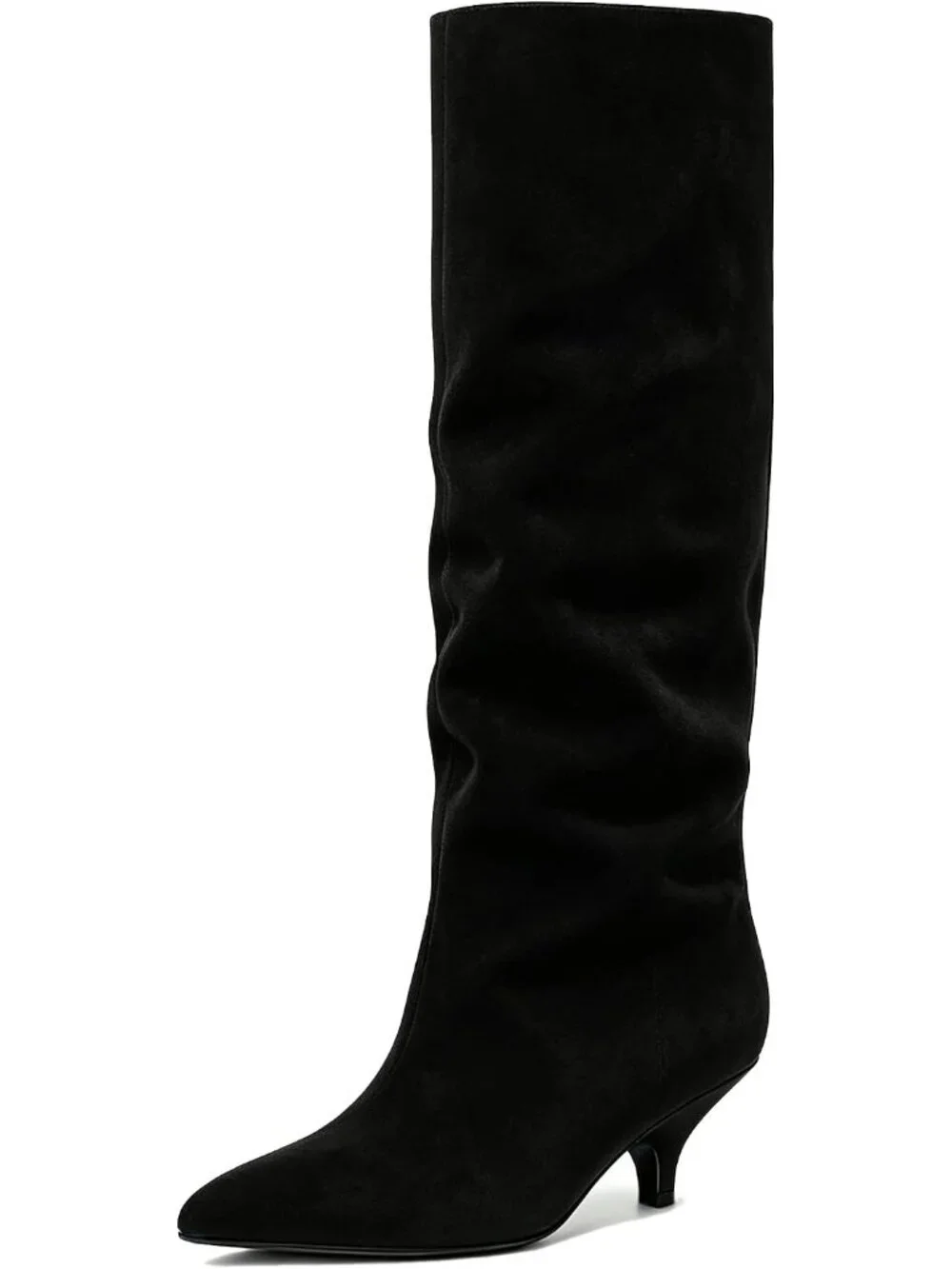 Women Black Suede Pointed-Toe Fold Over Wide Calf Low Kitten Knee-High Boot